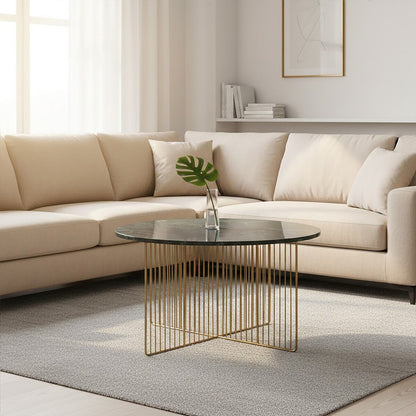 Green Round Marble Coffee Table with Gold Iron Rod Base | Nirav