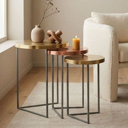 Set of 3 Nesting Side Tables with Warm Metallic Round Tops and Grey Metal Bases | Korba