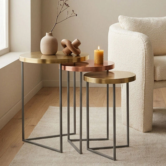 Set of 3 Nesting Side Tables with Warm Metallic Round Tops and Grey Metal Bases | Korba