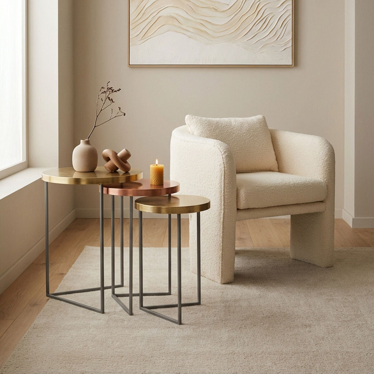 Set of 3 Nesting Side Tables with Warm Metallic Round Tops and Grey Metal Bases | Korba
