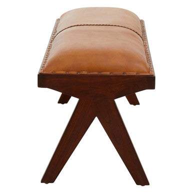 Inca Tan Leather Bench with Wood Frame