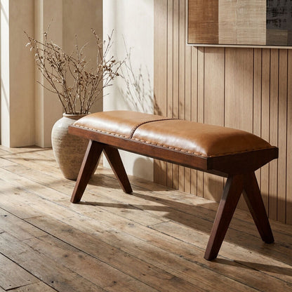 Inca Tan Leather Bench with Wood Frame