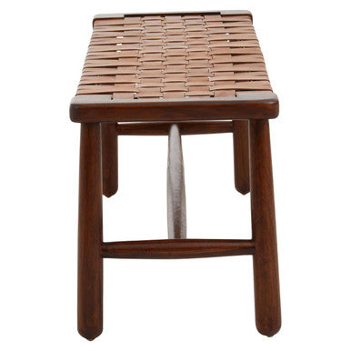 Inca Tan Leather Lattice Design Bench with Wood Frame