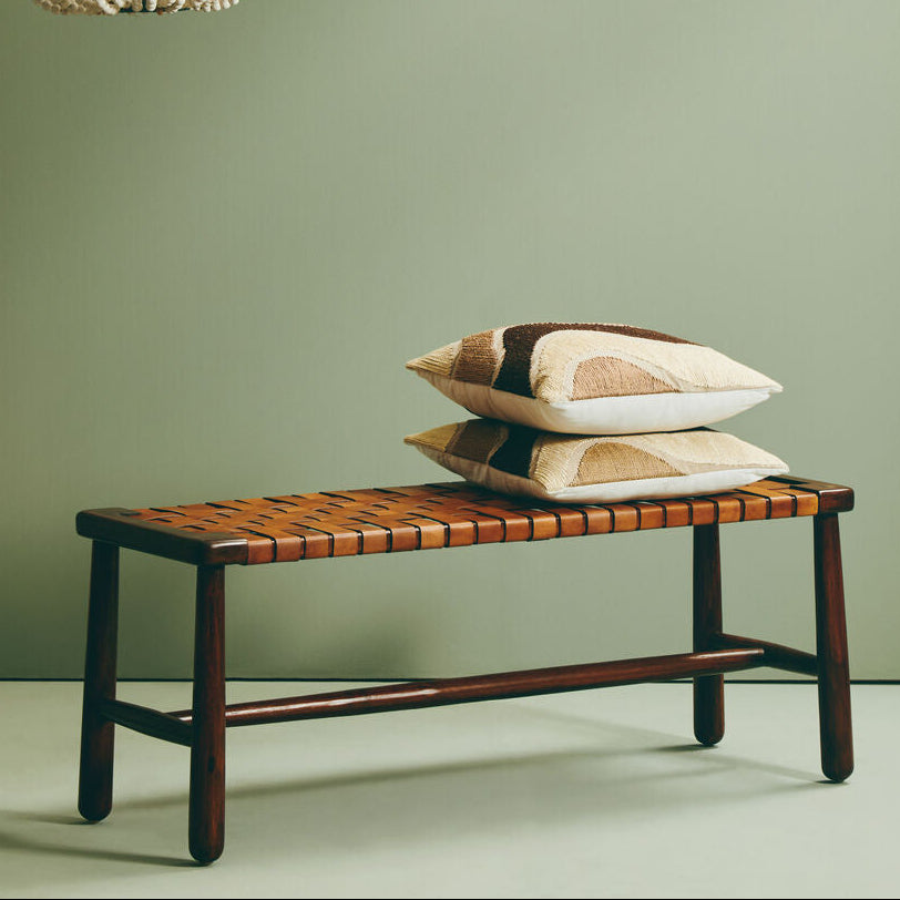 Inca Tan Leather Lattice Design Bench with Wood Frame