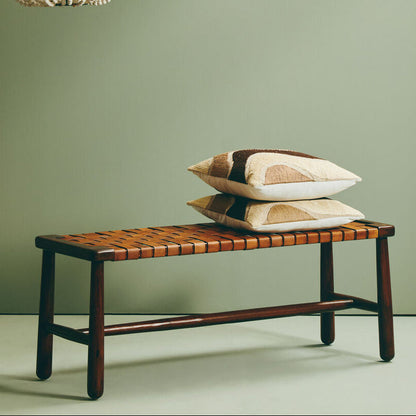 Inca Tan Leather Lattice Design Bench with Wood Frame