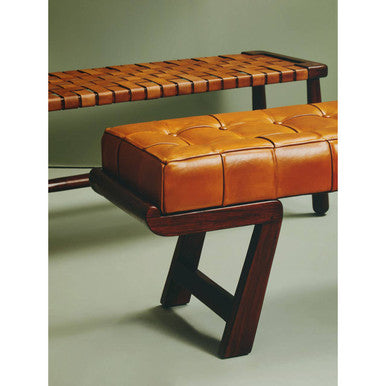 Inca Tan Leather Lattice Design Bench with Wood Frame
