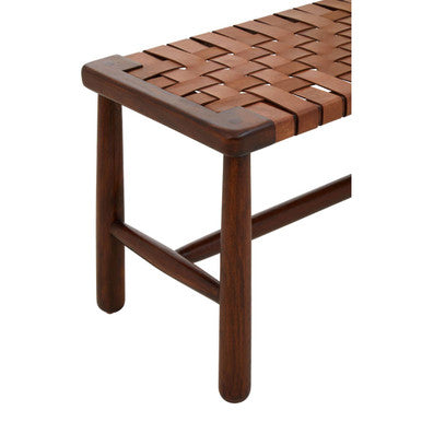 Inca Tan Leather Lattice Design Bench with Wood Frame