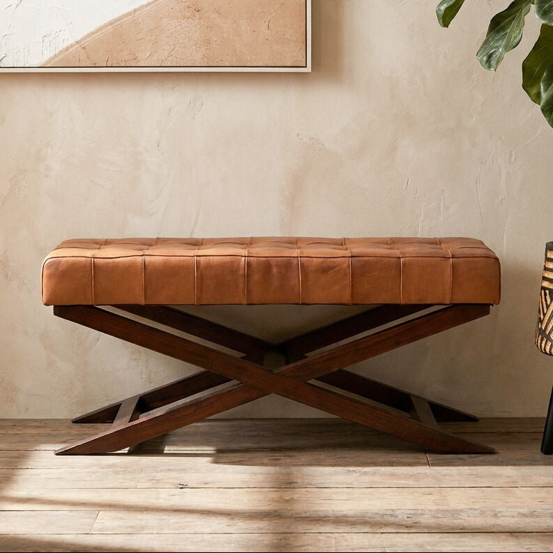 Inca Brown Genuine Leather Bench with Cedarwood Base