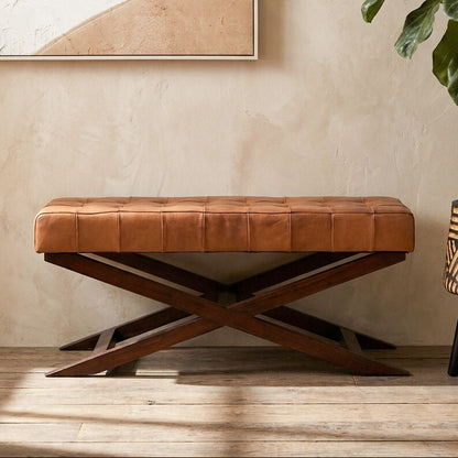 Inca Brown Genuine Leather Bench with Cedarwood Base