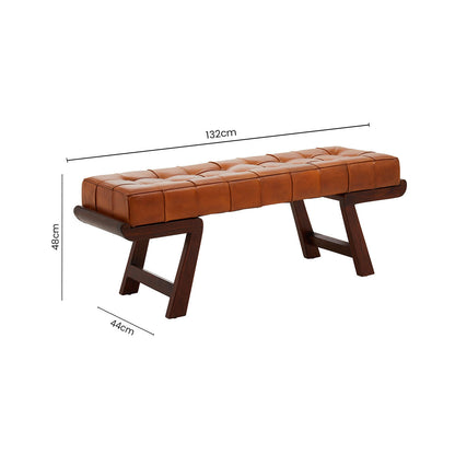 Inca Brown Genuine Leather Bench with Cedar Wood Angular Base