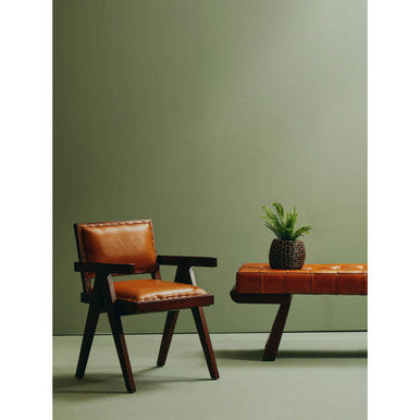 Inca Brown Genuine Leather Bench with Cedar Wood Angular Base
