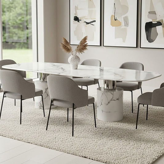 White Marble Dining Table with Cylindrical Marble Legs and Silver Metal Supports, Sesto