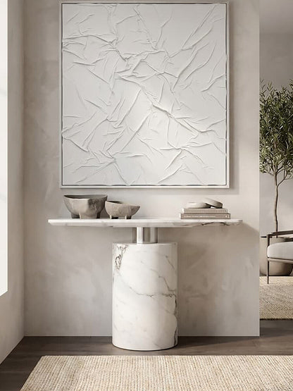 White Marble Console Table with Grey Veining and Stainless Steel Column Base | Sesto