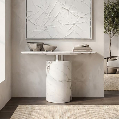 White Marble Console Table with Grey Veining and Stainless Steel Column Base | Sesto
