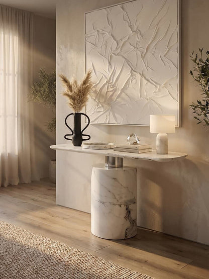 White Marble Console Table with Grey Veining and Stainless Steel Column Base | Sesto