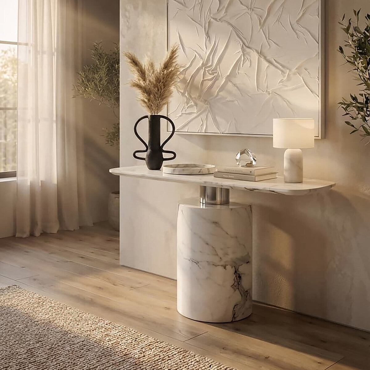 White Marble Console Table with Grey Veining and Stainless Steel Column Base | Sesto