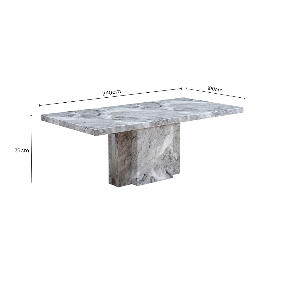 Grey Marble Top Dining Table with Pedestal Base and Stainless Steel Silver Trim | Saronno