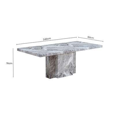 Grey Marble Top Dining Table with Pedestal Base and Stainless Steel Silver Trim | Saronno