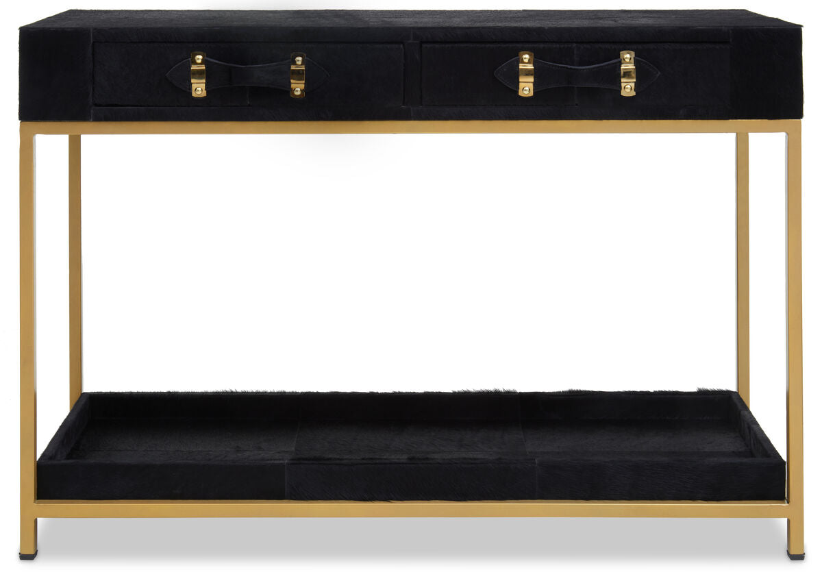 Black Hair-On-Leather 2-Drawer Console Table with Gold-Finished Metal Frame | Kensington Townhouse