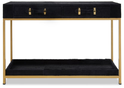 Black Hair-On-Leather 2-Drawer Console Table with Gold-Finished Metal Frame | Kensington Townhouse