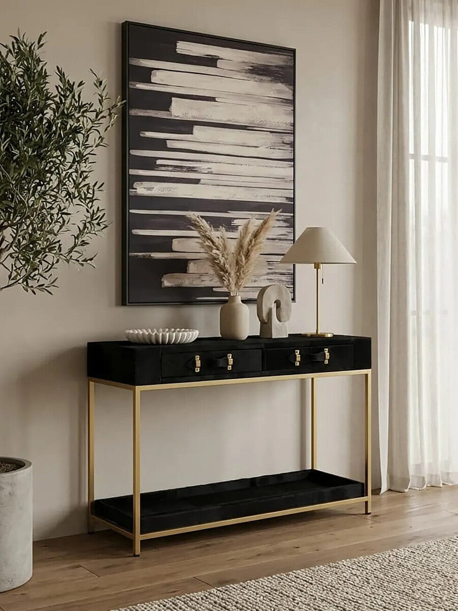 Black Hair-On-Leather 2-Drawer Console Table with Gold-Finished Metal Frame | Kensington Townhouse