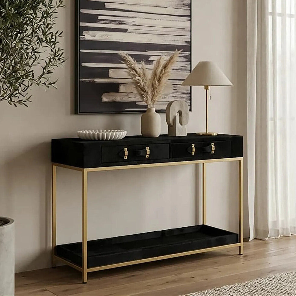 Black Hair-On-Leather 2-Drawer Console Table with Gold-Finished Metal Frame | Kensington Townhouse