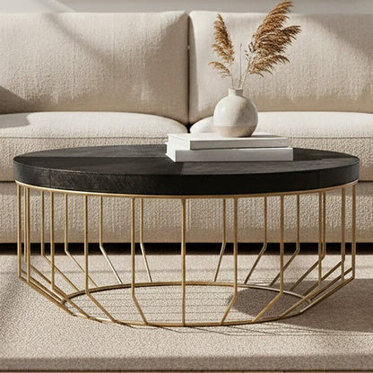 Black Hair-On-Hide Leather Round Top Coffee Table with Geometric Gold Metal Frame | Kensington Townhouse