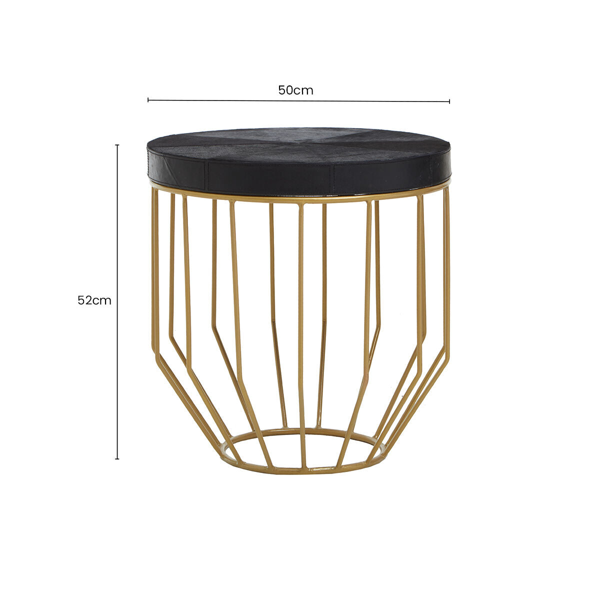 Black Hair-On-Hide Leather Round Top Side Table with Geometric Gold Metal Frame | Kensington Townhouse