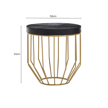 Black Hair-On-Hide Leather Round Top Side Table with Geometric Gold Metal Frame | Kensington Townhouse
