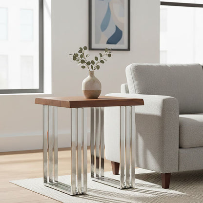Natural Wooden Top Small Console Table with Silver Looped Stainless Steel Base | Hampstead