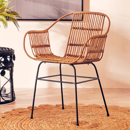 Java Natural Rattan Armchair with Black Metal Legs