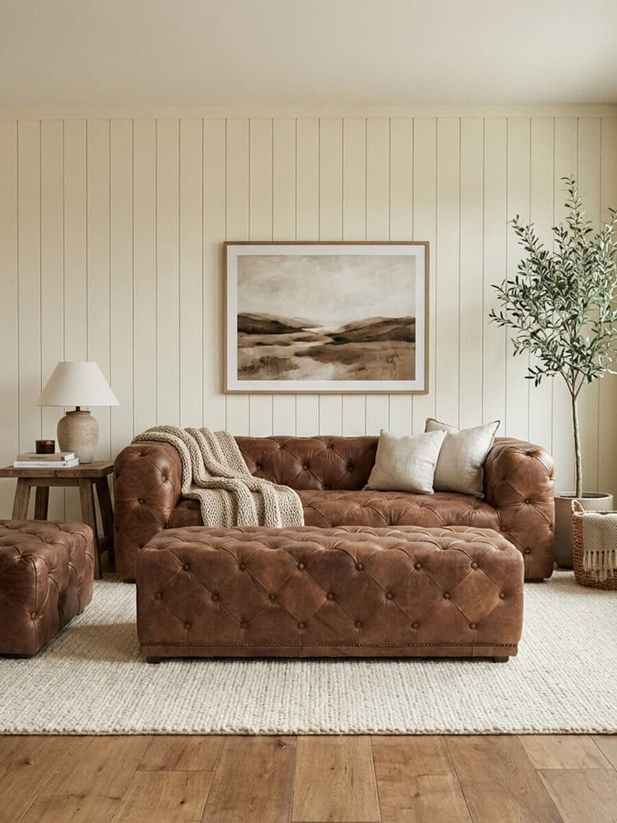 Hoxton Brown Leather Rectangle Chesterfield Ottoman with Button Tufting