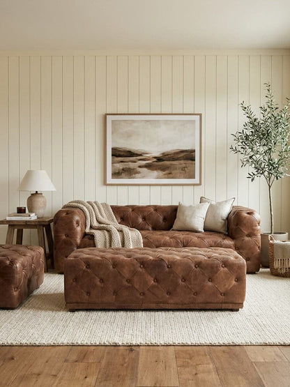 Hoxton Brown Leather Rectangle Chesterfield Ottoman with Button Tufting