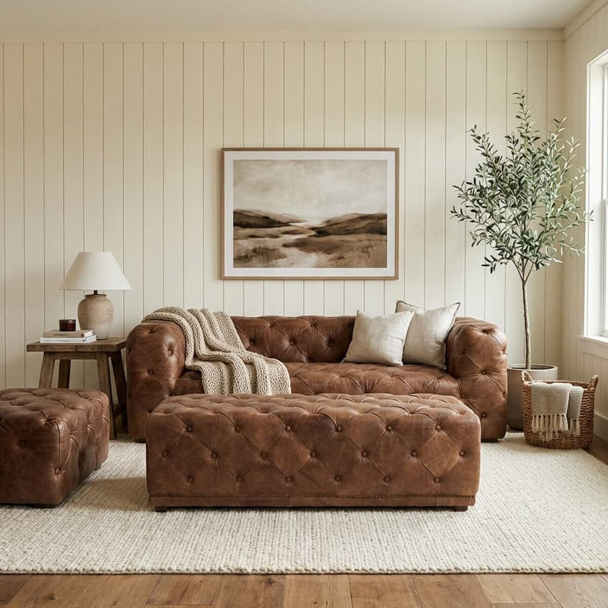 Hoxton Brown Leather Rectangle Chesterfield Ottoman with Button Tufting
