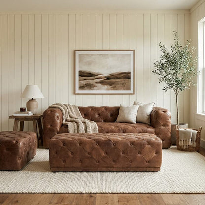 Hoxton Brown Leather Rectangle Chesterfield Ottoman with Button Tufting
