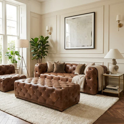 Hoxton Brown Leather Rectangle Chesterfield Ottoman with Button Tufting