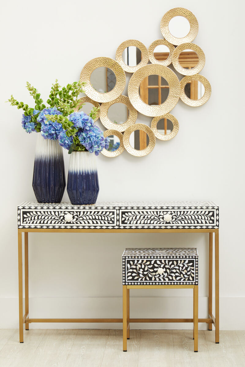 Black and White Floral Bone Inlay Console Table with 2 Storage Drawers and Gold Metal Base | Fusion