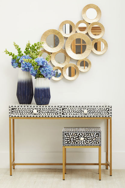 Black and White Floral Bone Inlay Console Table with 2 Storage Drawers and Gold Metal Base | Fusion