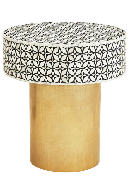 Fusion Bone Inlay Round Side Table with Gold Base