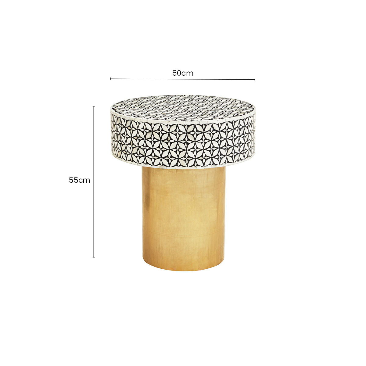 Black Round Side Table with White Bone Inlay Floral Design and Gold Metal Base | Fusion