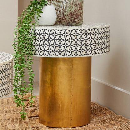 Fusion Bone Inlay Round Side Table with Gold Base
