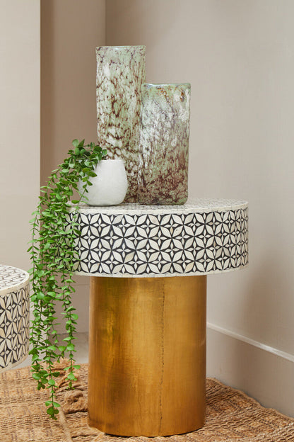 Fusion Bone Inlay Round Side Table with Gold Base