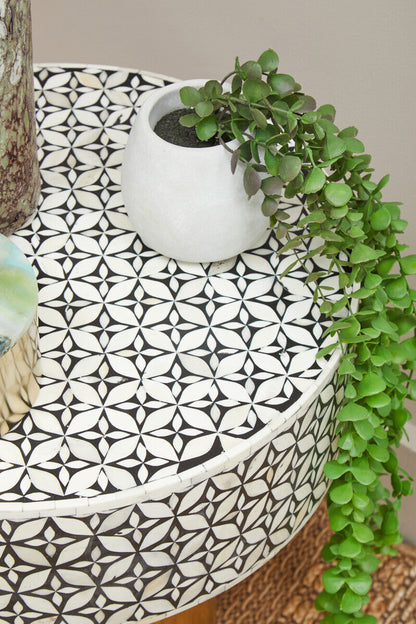 Fusion Bone Inlay Round Side Table with Gold Base