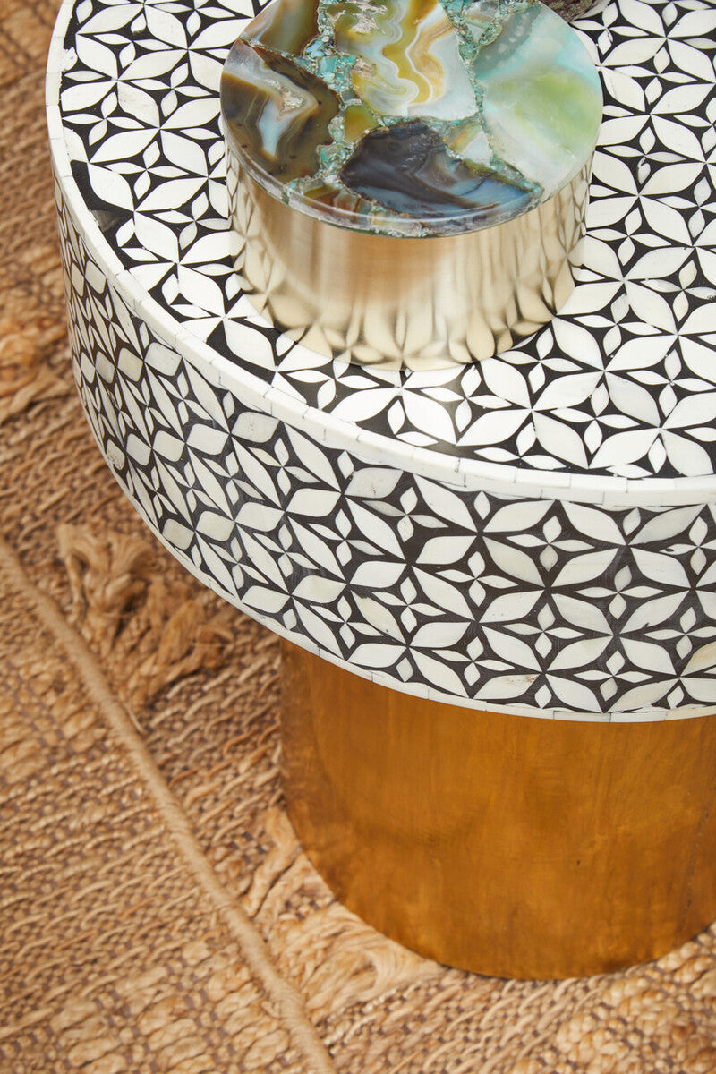 Fusion Bone Inlay Round Side Table with Gold Base