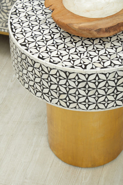 Fusion Bone Inlay Round Side Table with Gold Base