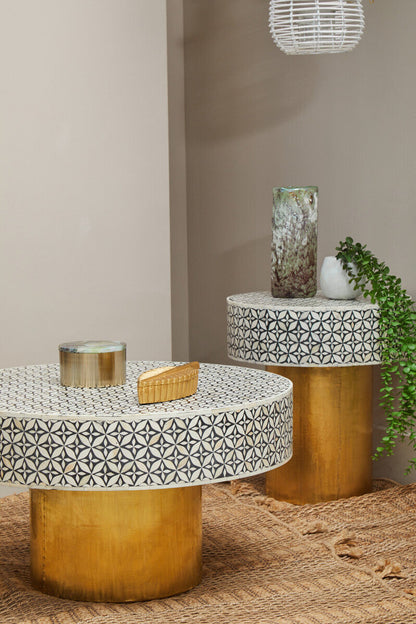 Fusion Bone Inlay Round Side Table with Gold Base