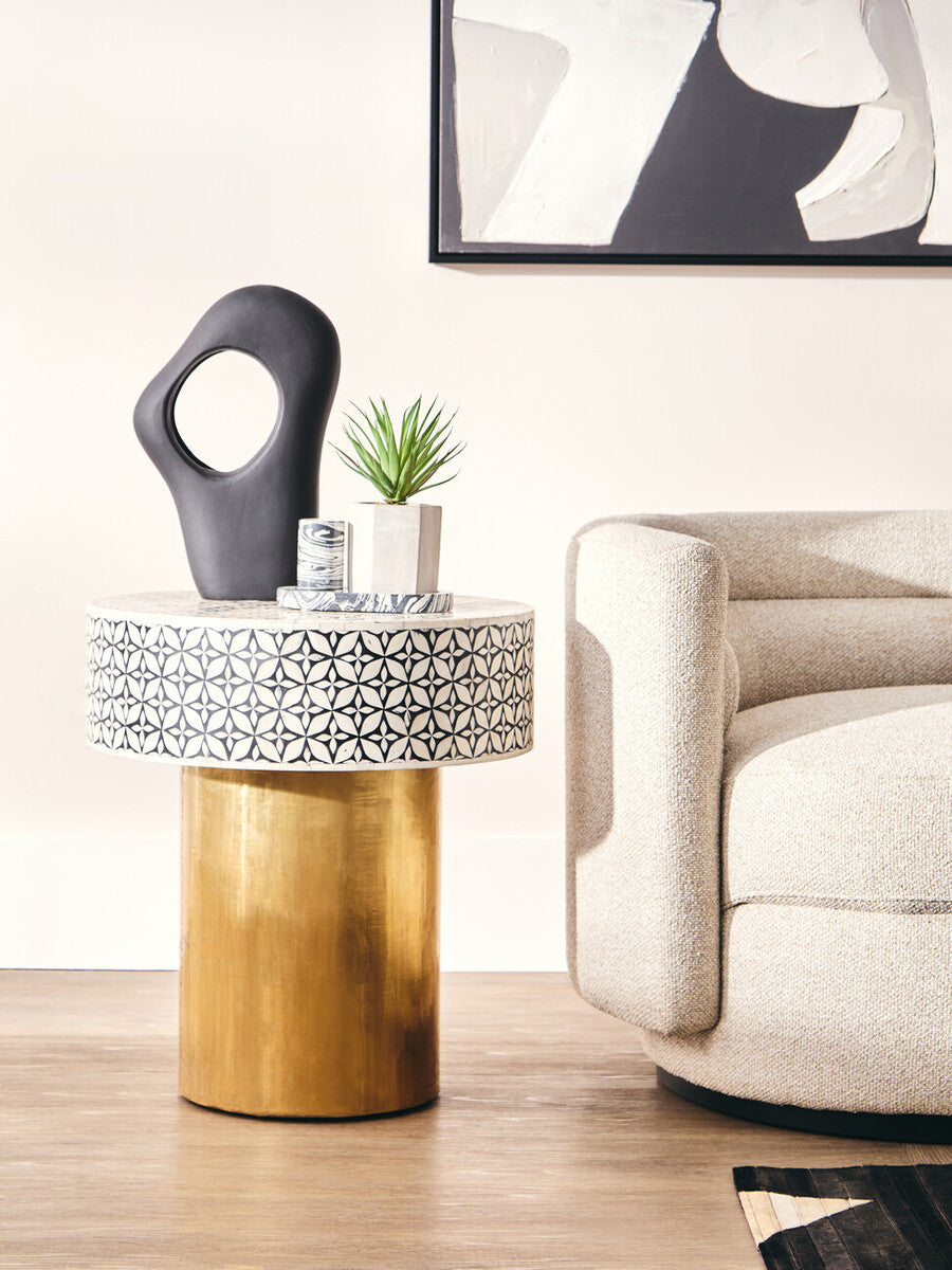 Fusion Bone Inlay Round Side Table with Gold Base
