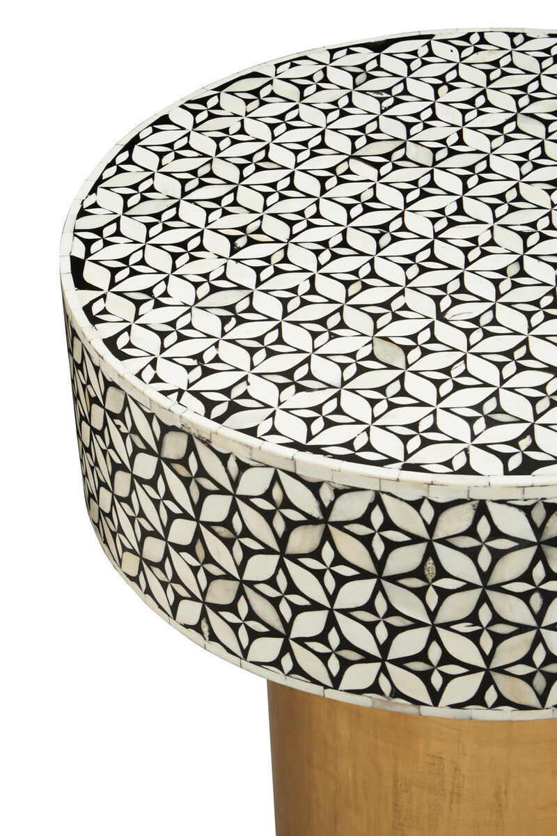 Fusion Bone Inlay Round Side Table with Gold Base