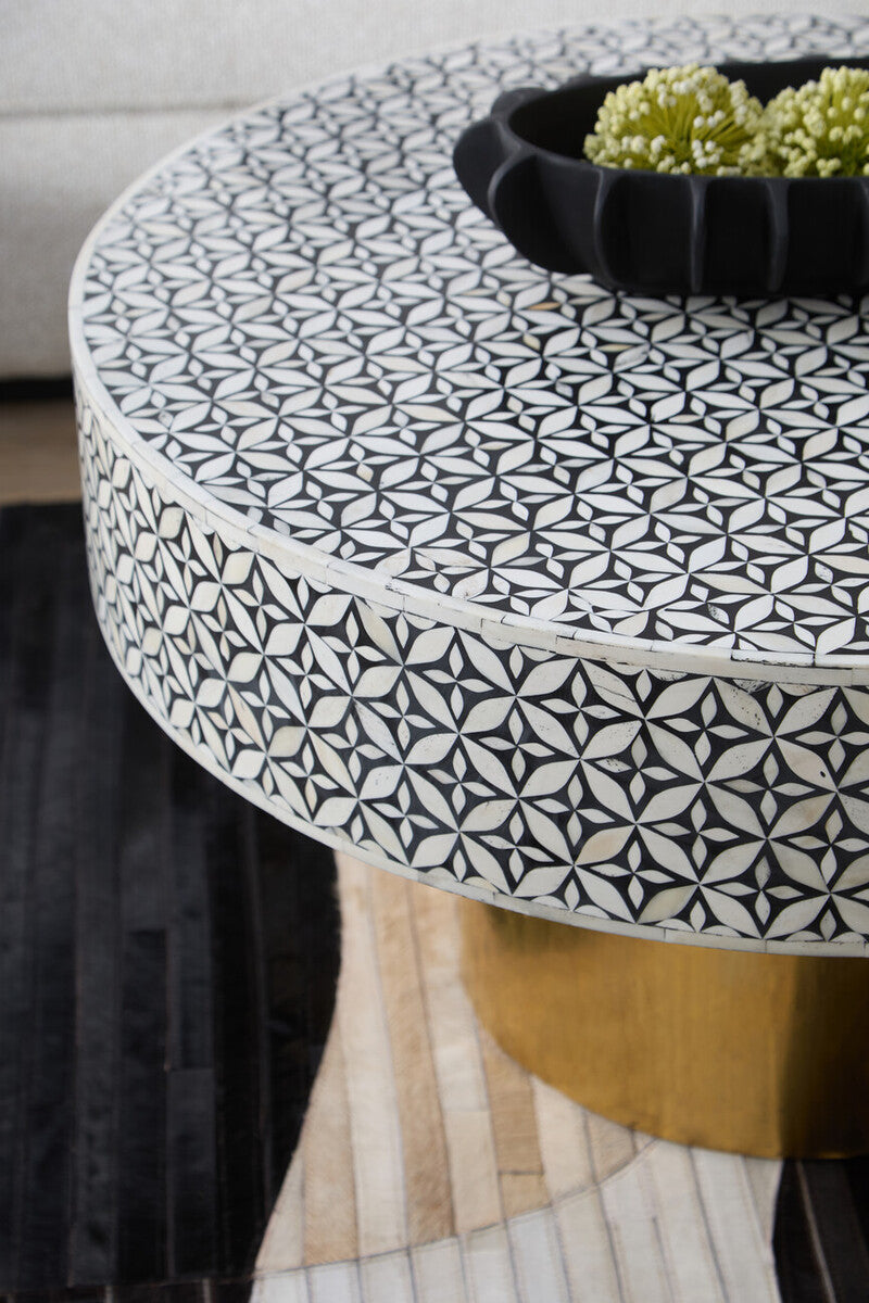 Fusion Round Bone Inlay Coffee Table With Gold Base