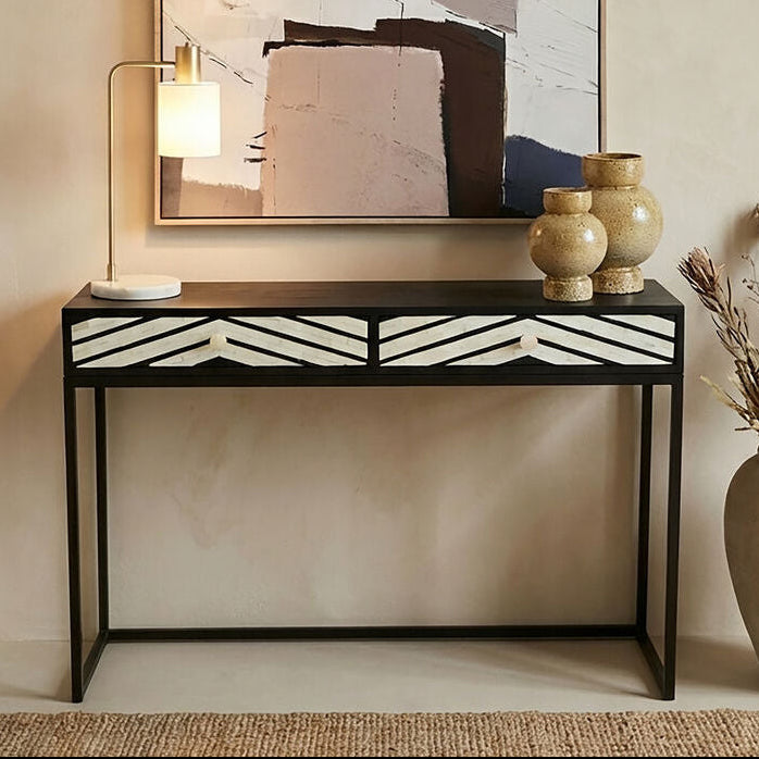 Black Wood 2-Drawer Console Table with Black and White Bone Inlay Chevron Fronts | Fusion